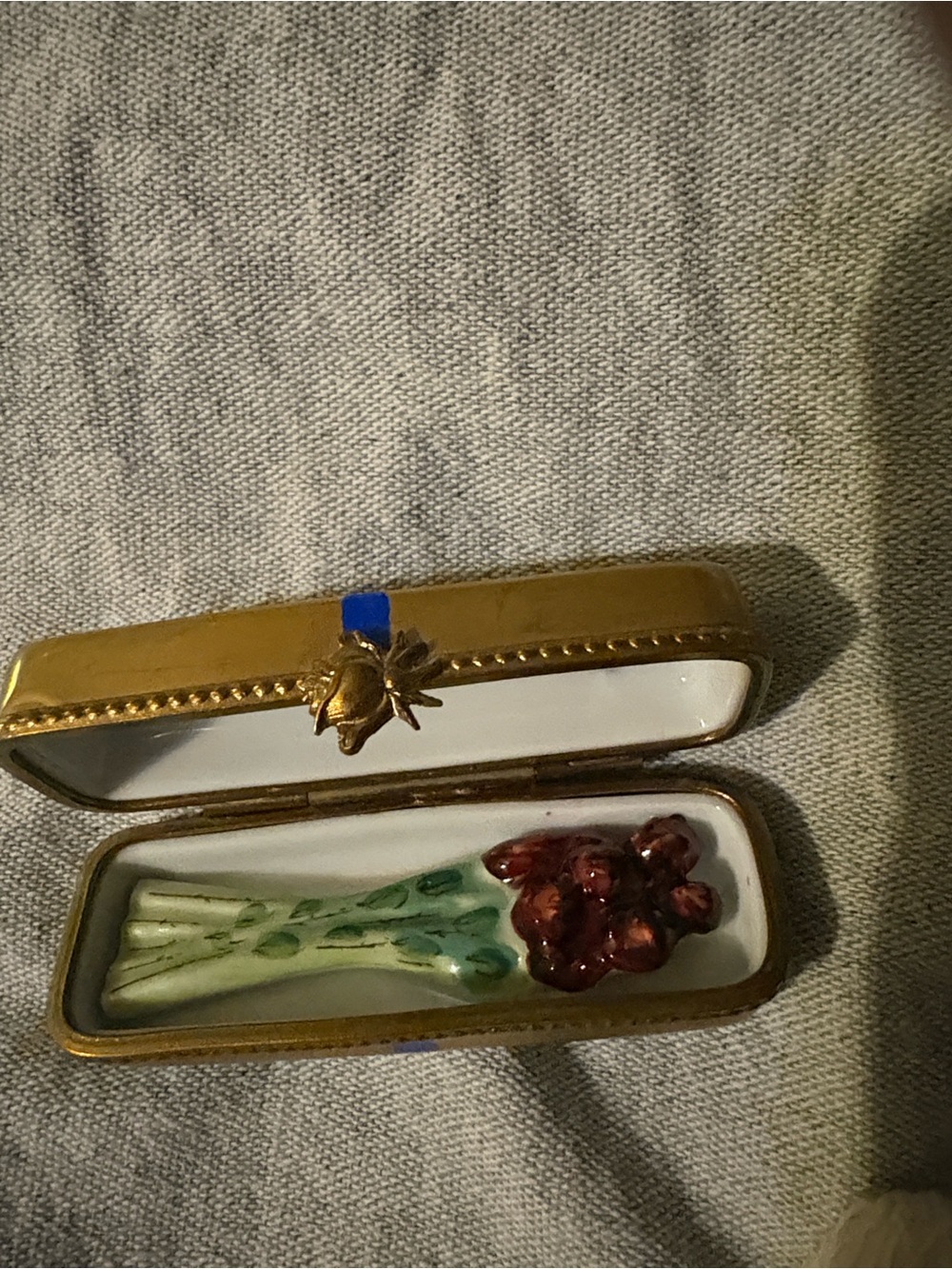Limoges Porcelain Floral Bouquet Trinket Box in Gold, White, Green, Red